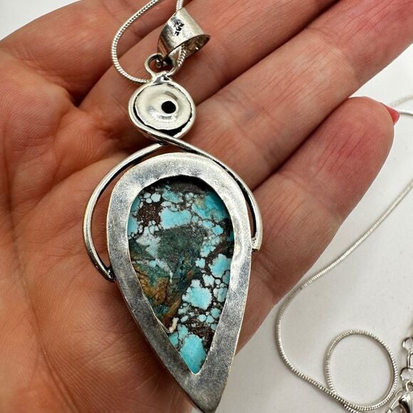 AMAZING Sterling Silver Turquoise and Swiss B. Topaz Pendant, 21" 925 necklace!! - Picture 6 of 11